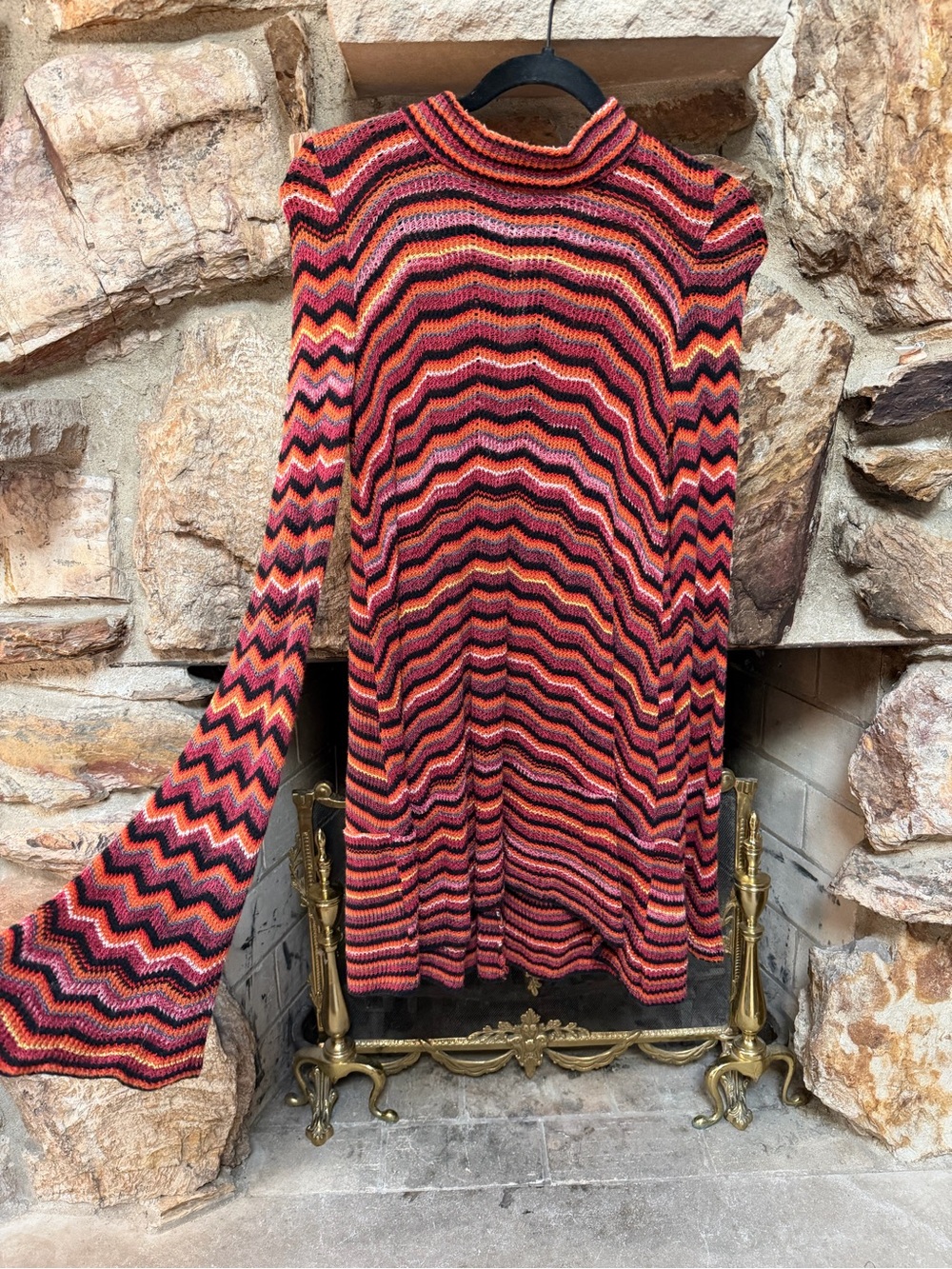 Free People Chevron Wave-Knit Turtleneck Sweater in Orange & Pink